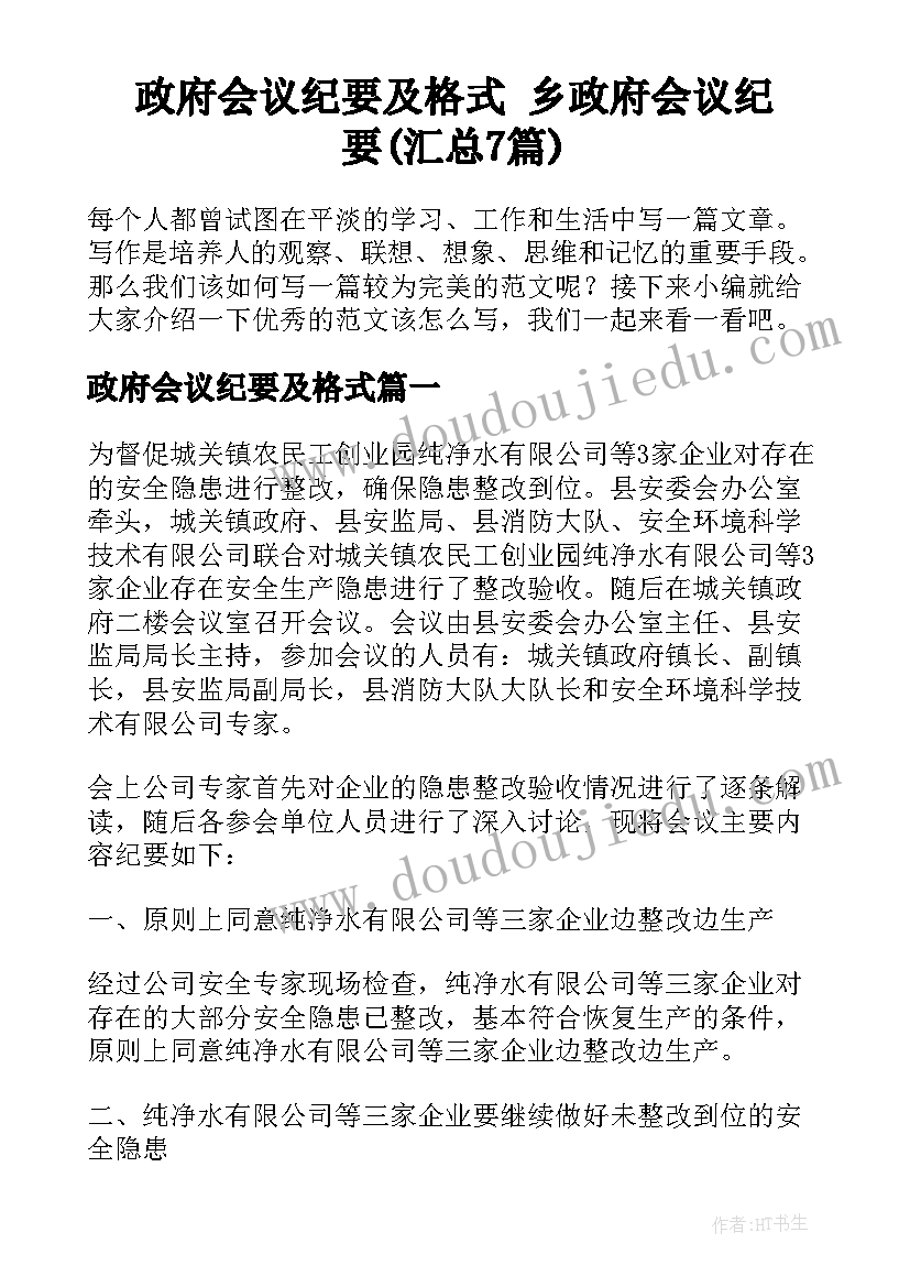 政府会议纪要及格式 乡政府会议纪要(汇总7篇)