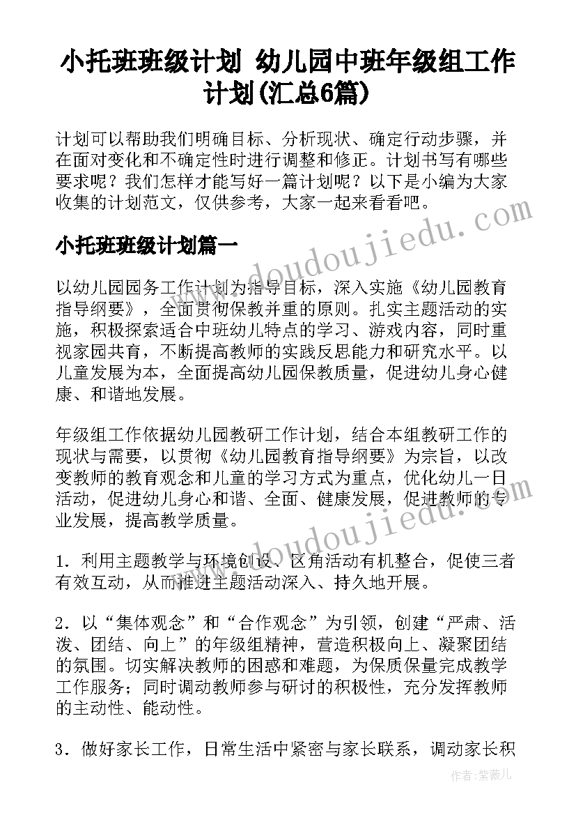 小托班班级计划 幼儿园中班年级组工作计划(汇总6篇)