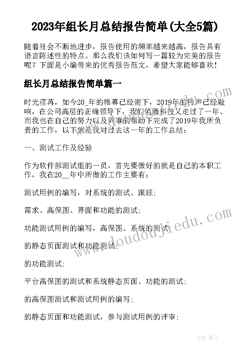 2023年组长月总结报告简单(大全5篇)