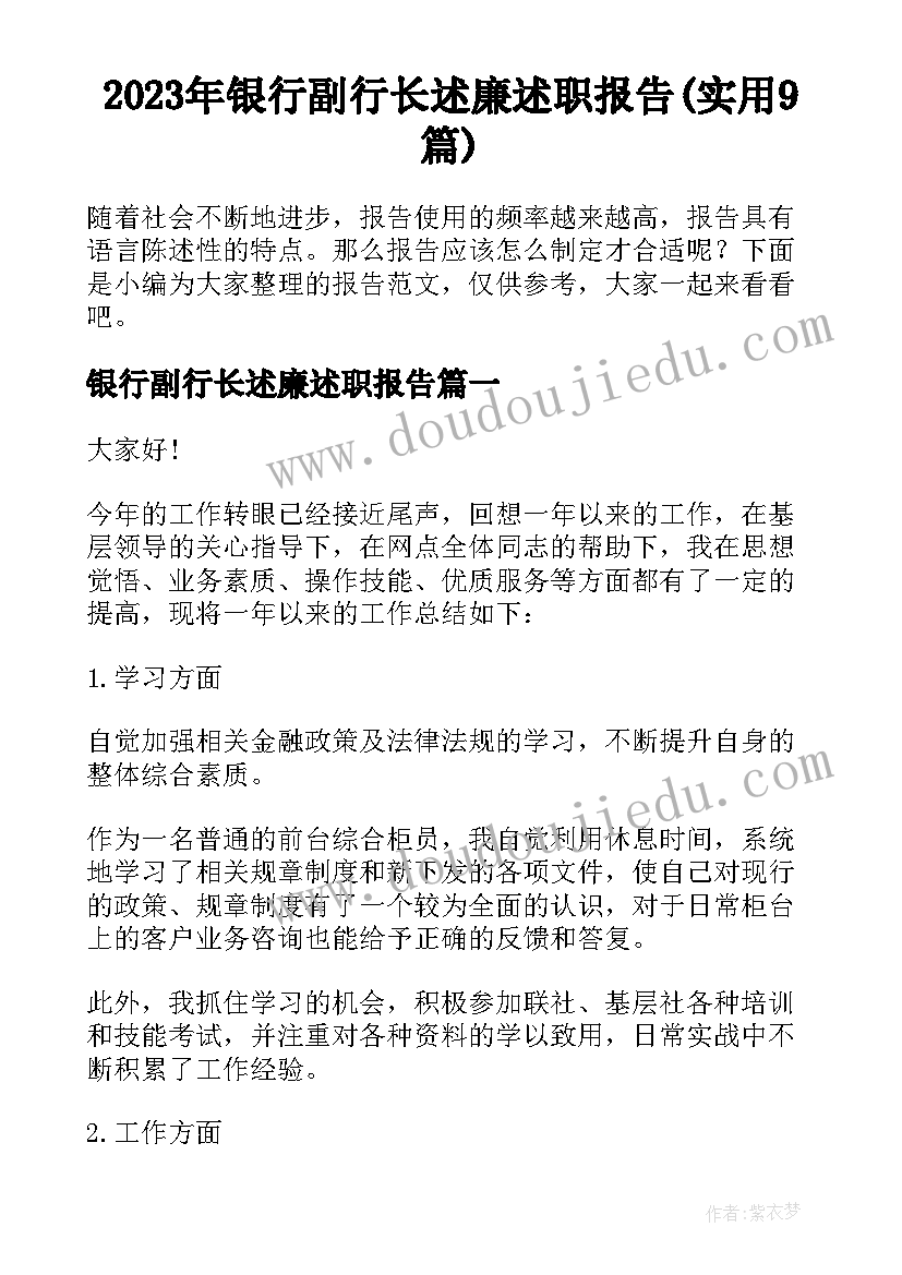 2023年银行副行长述廉述职报告(实用9篇)