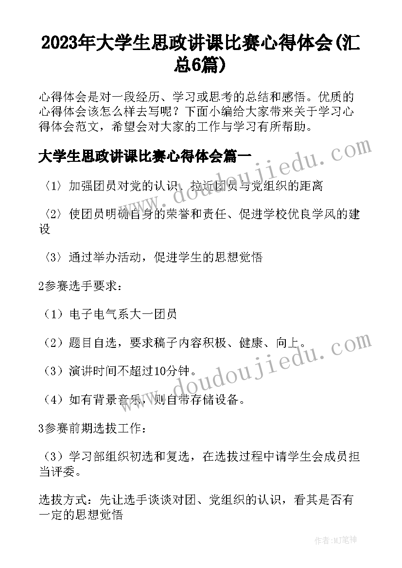 2023年大学生思政讲课比赛心得体会(汇总6篇)