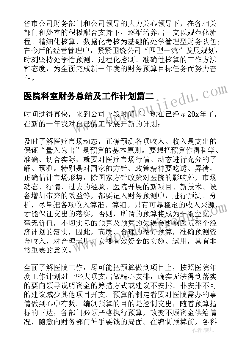 最新医院科室财务总结及工作计划 医院财务处工作计划(大全8篇)