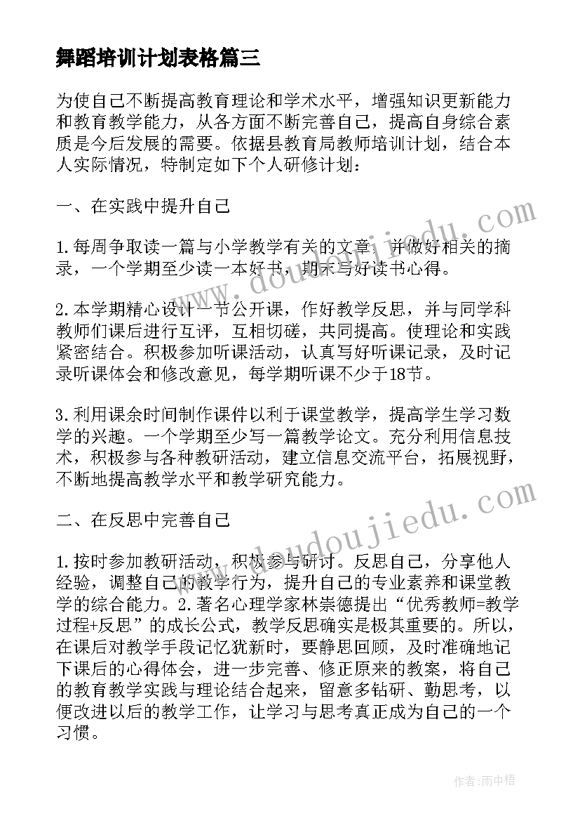 舞蹈培训计划表格 舞蹈培训计划书(通用7篇)