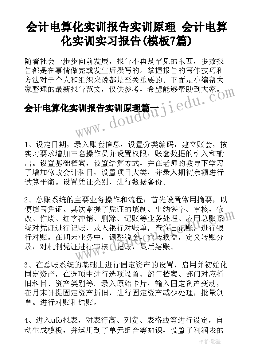 会计电算化实训报告实训原理 会计电算化实训实习报告(模板7篇)