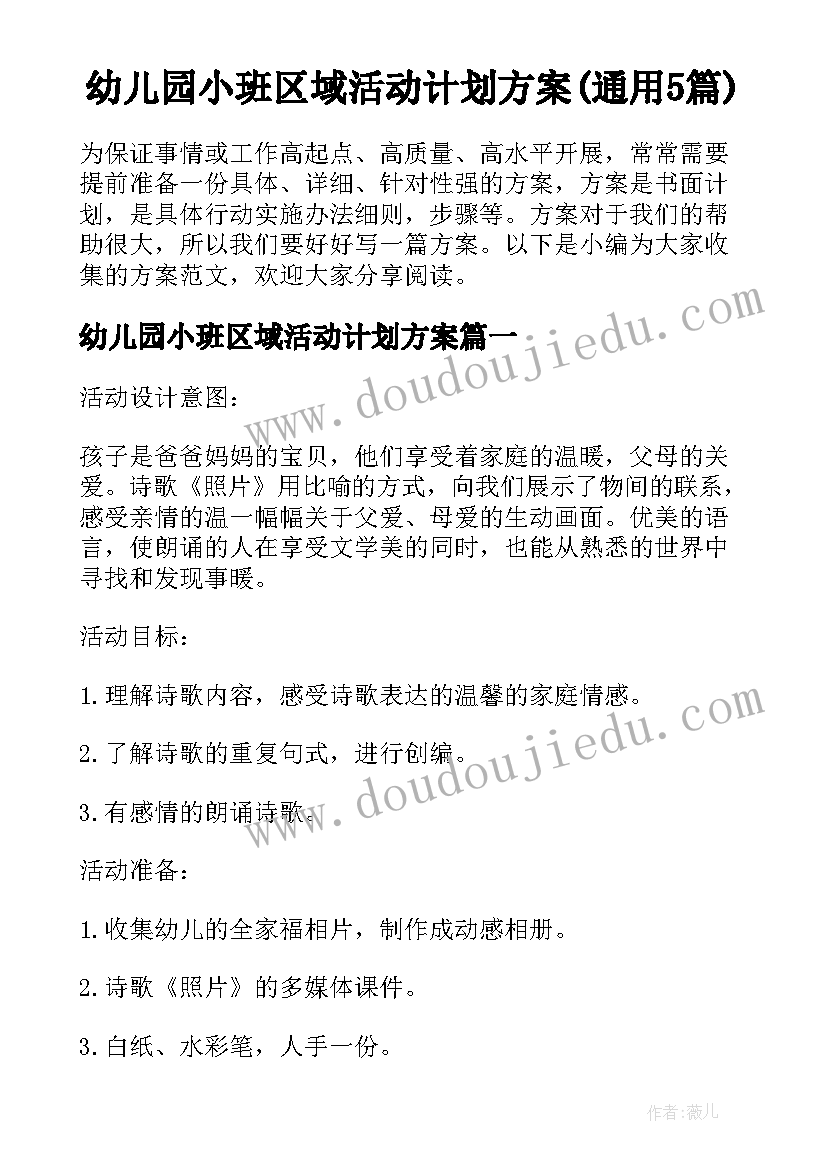 幼儿园小班区域活动计划方案(通用5篇)