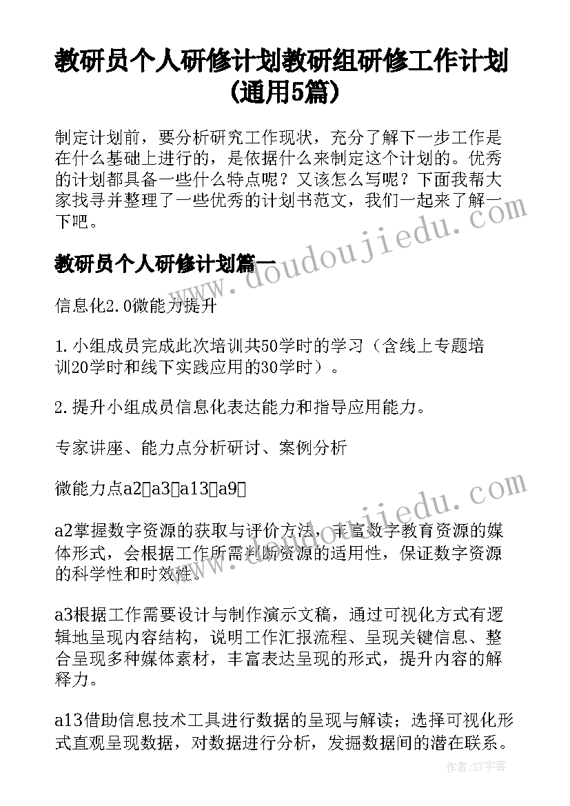 教研员个人研修计划 教研组研修工作计划(通用5篇)