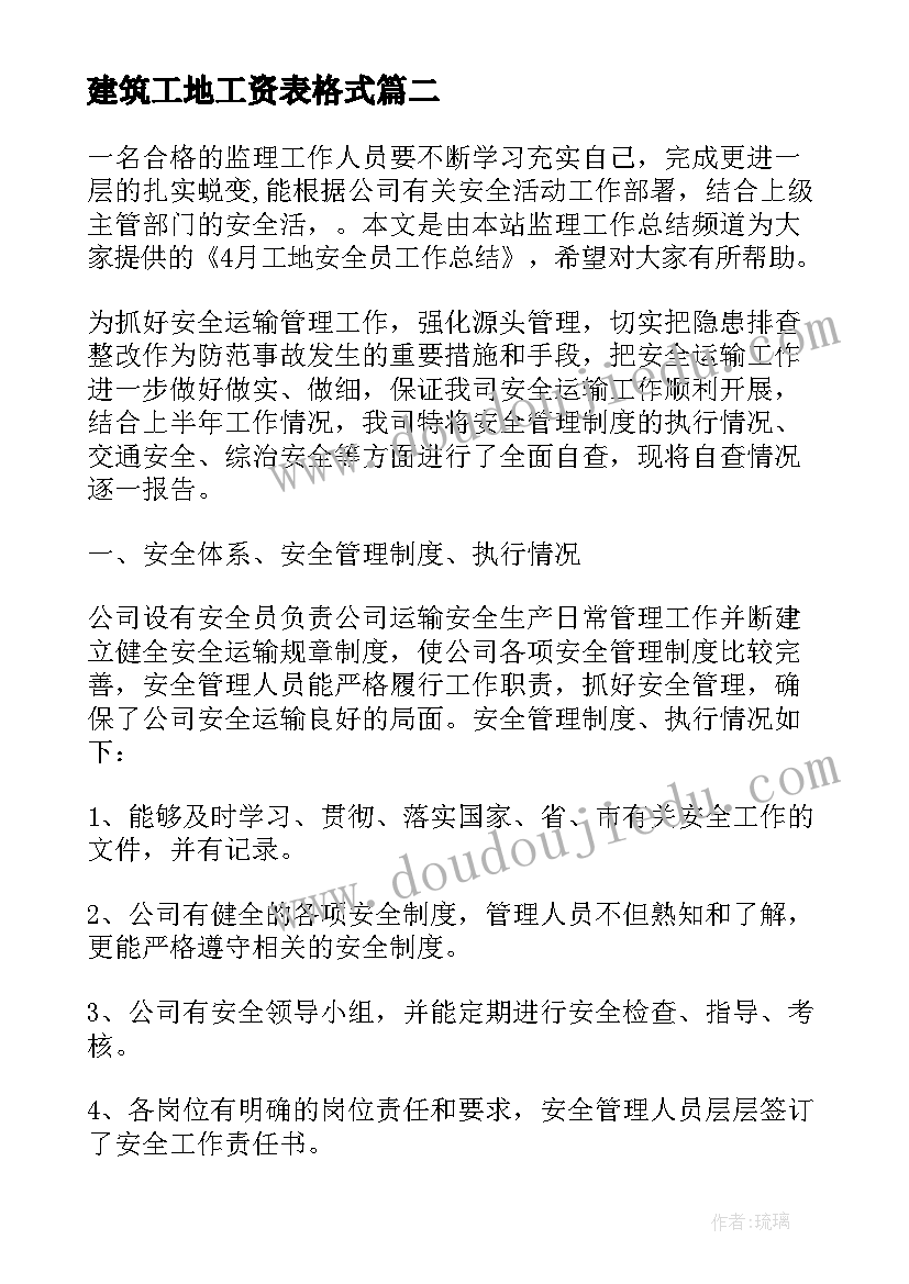 最新建筑工地工资表格式 建筑工地安全员工作总结(模板5篇)