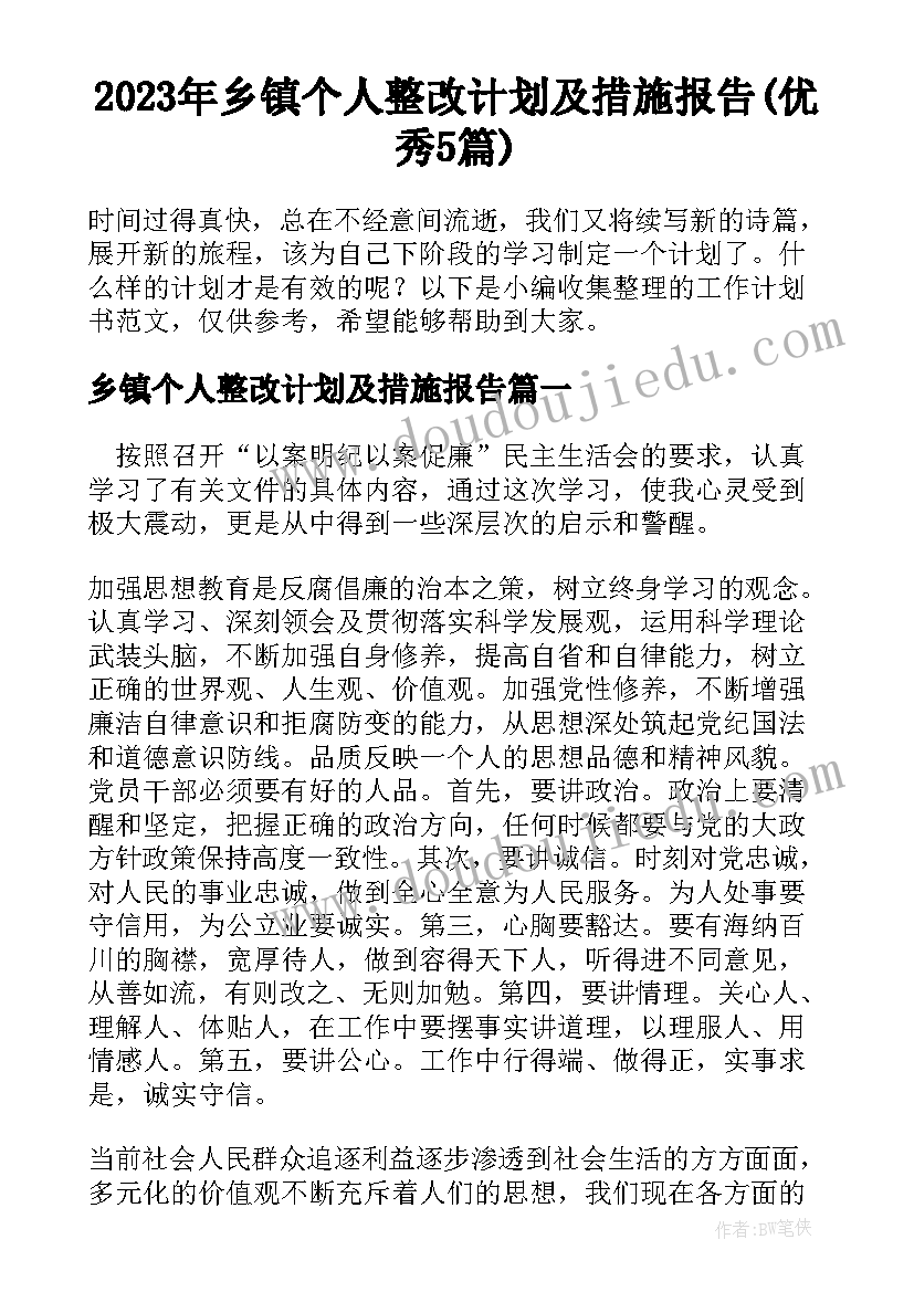 2023年乡镇个人整改计划及措施报告(优秀5篇)