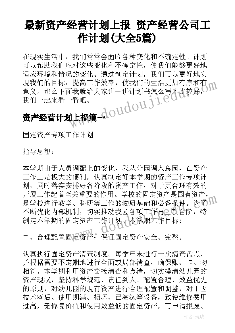 最新资产经营计划上报 资产经营公司工作计划(大全5篇)