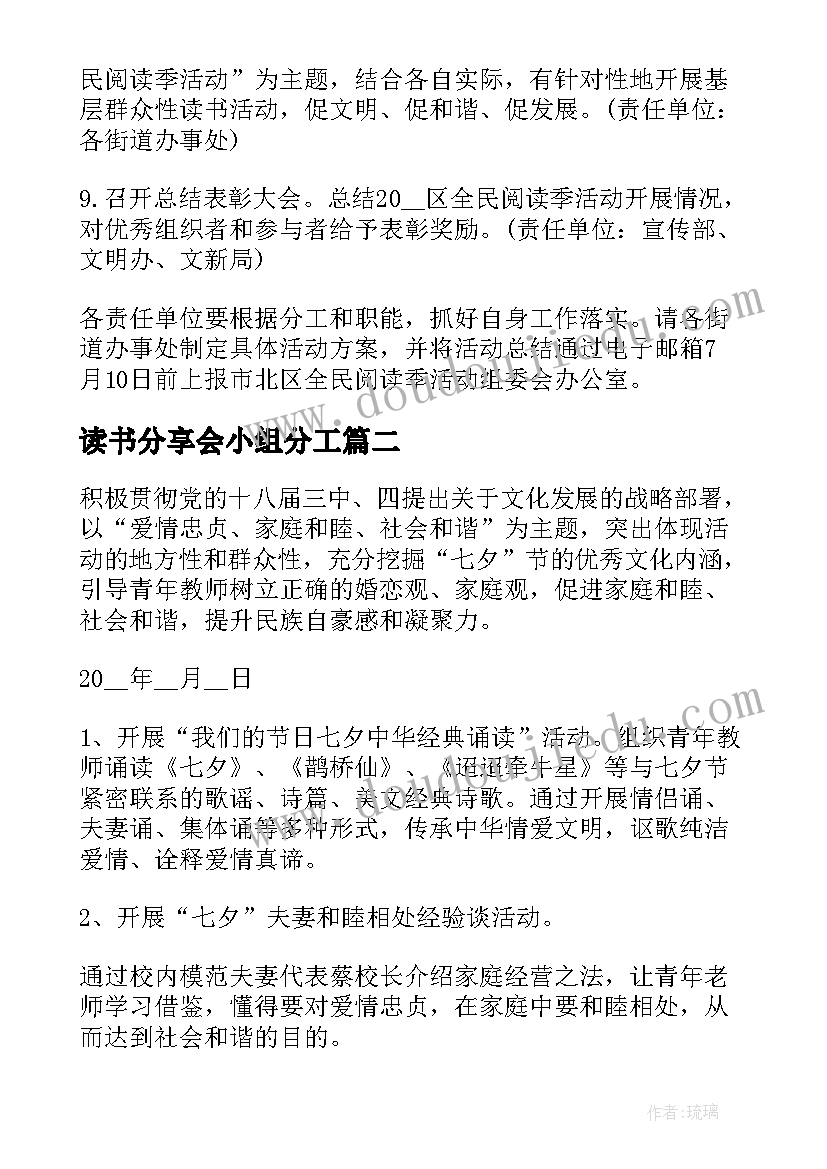 最新读书分享会小组分工 读书分享会活动方案(精选7篇)