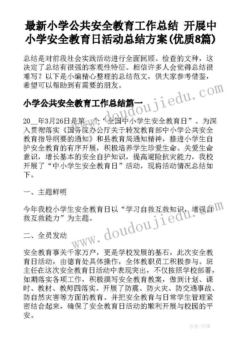 最新小学公共安全教育工作总结 开展中小学安全教育日活动总结方案(优质8篇)