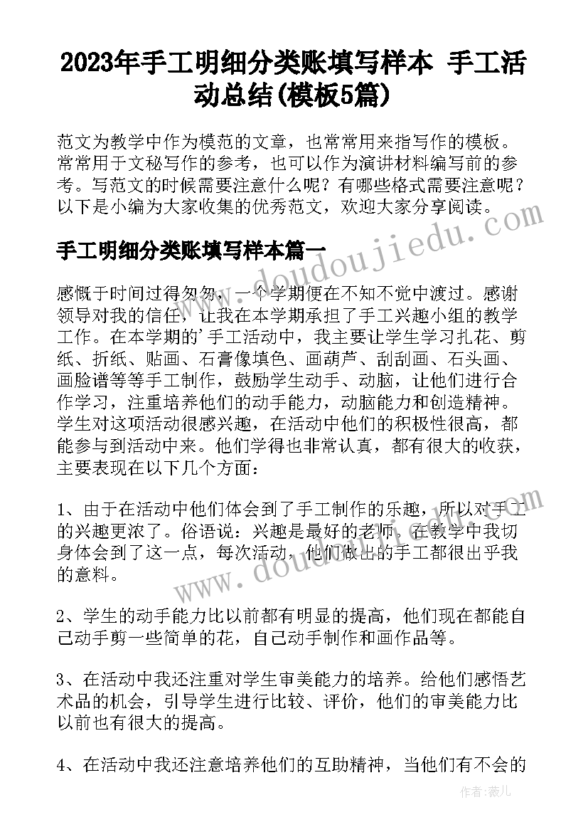 2023年手工明细分类账填写样本 手工活动总结(模板5篇)