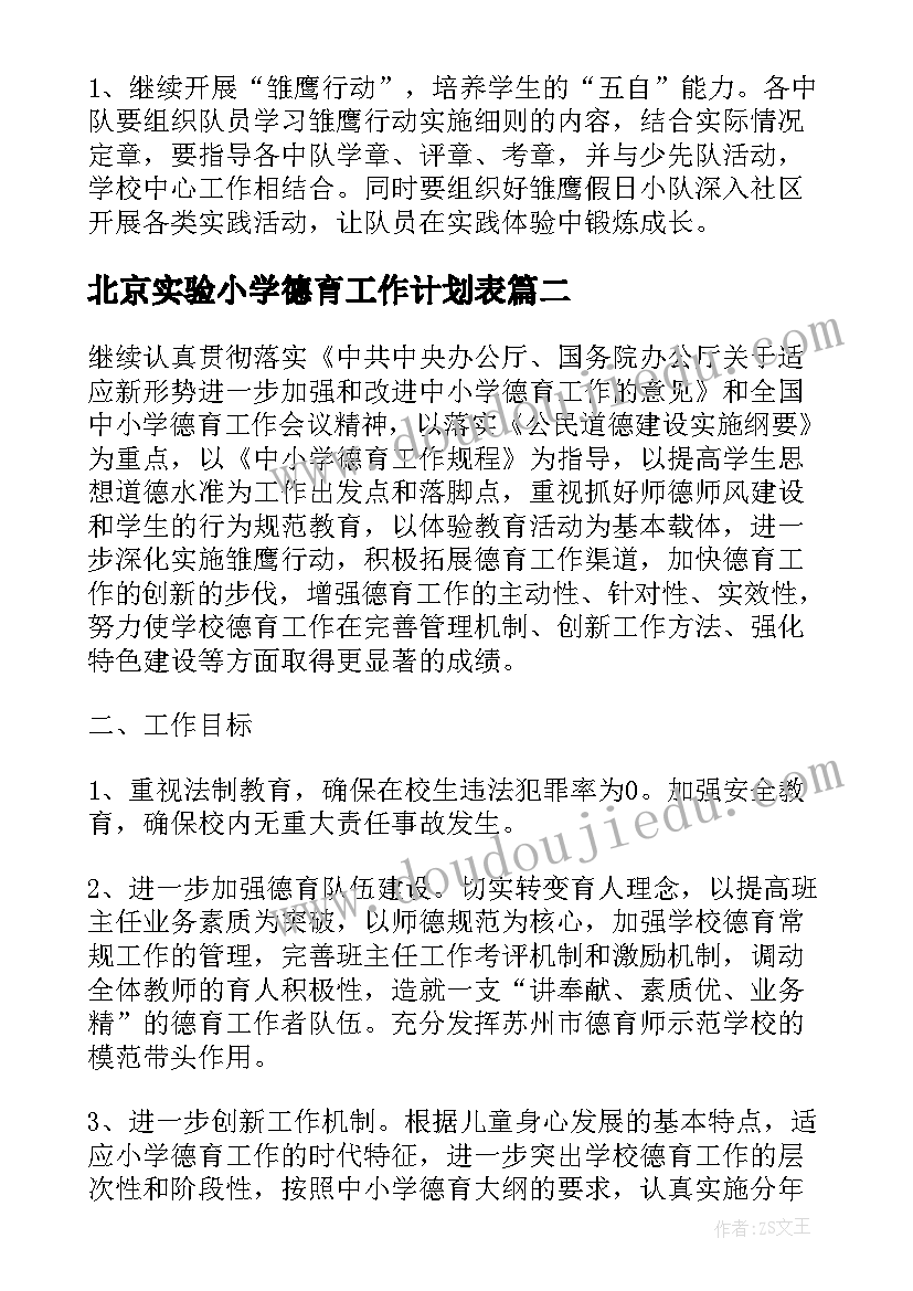 最新北京实验小学德育工作计划表(实用5篇)