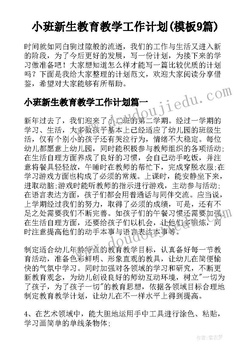 小班新生教育教学工作计划(模板9篇)