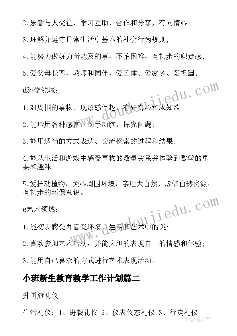 小班新生教育教学工作计划(模板9篇)