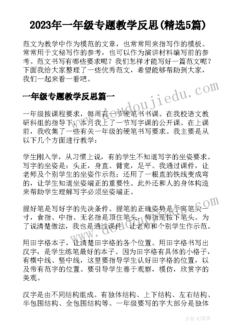 2023年一年级专题教学反思(精选5篇)