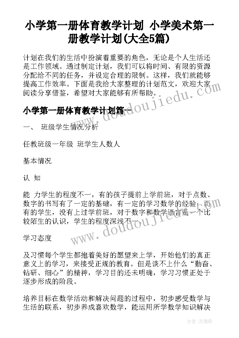 小学第一册体育教学计划 小学美术第一册教学计划(大全5篇)