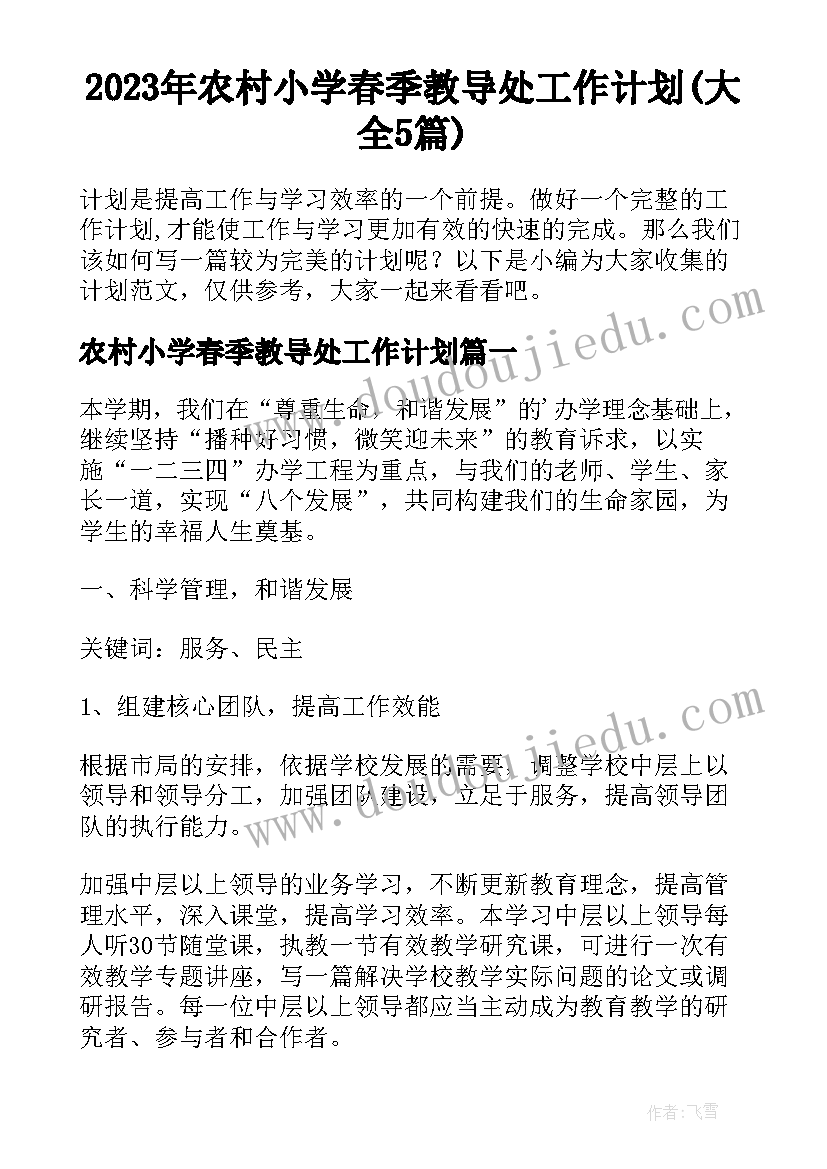 2023年农村小学春季教导处工作计划(大全5篇)