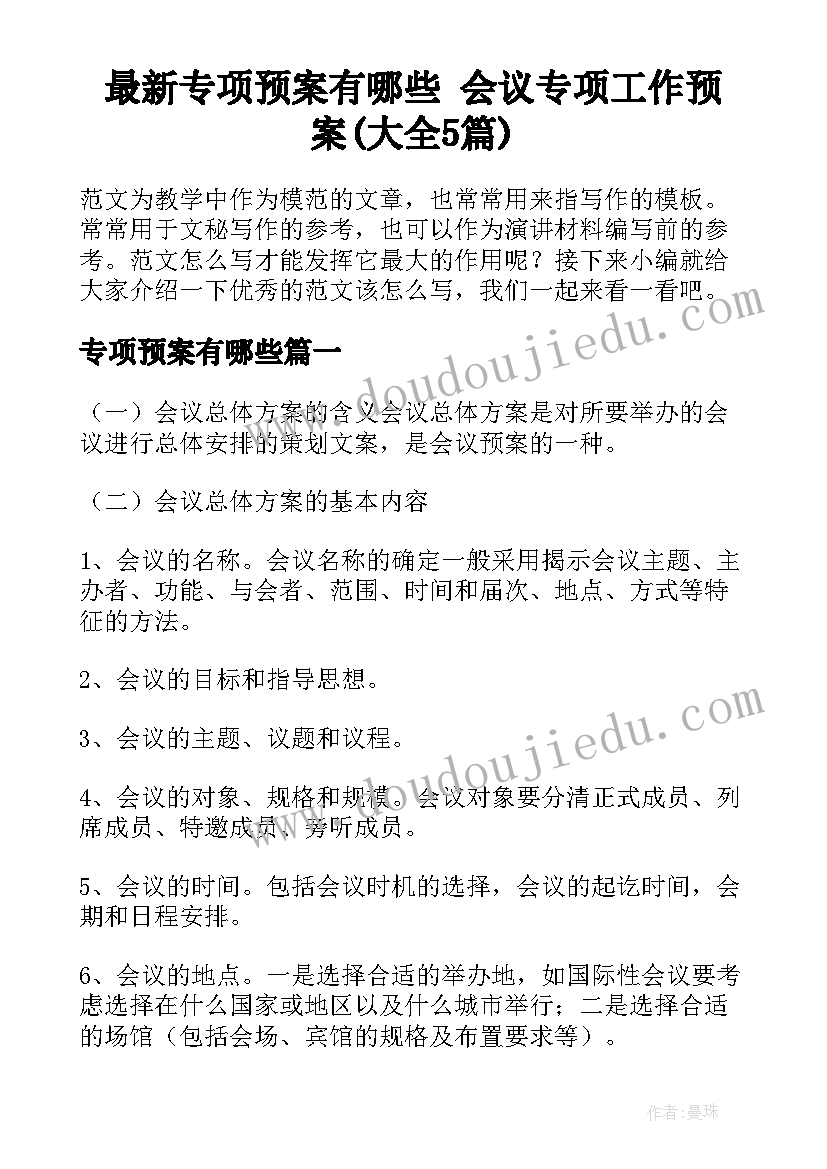 最新专项预案有哪些 会议专项工作预案(大全5篇)