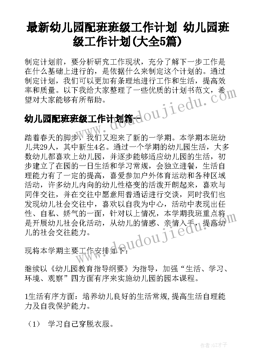 最新幼儿园配班班级工作计划 幼儿园班级工作计划(大全5篇)