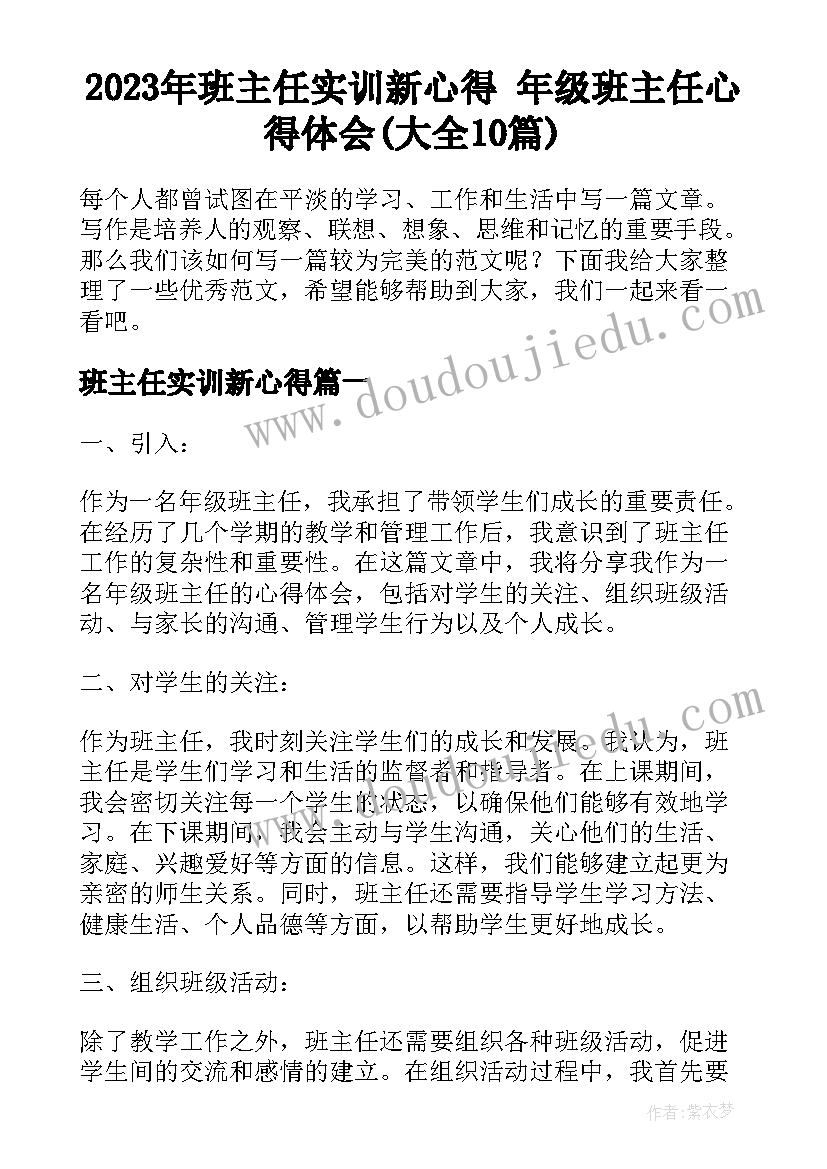 2023年班主任实训新心得 年级班主任心得体会(大全10篇)