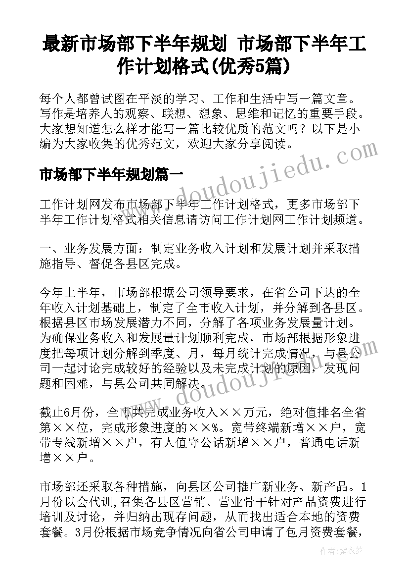 最新市场部下半年规划 市场部下半年工作计划格式(优秀5篇)