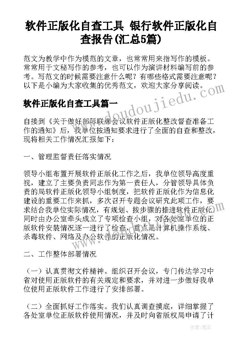 软件正版化自查工具 银行软件正版化自查报告(汇总5篇)