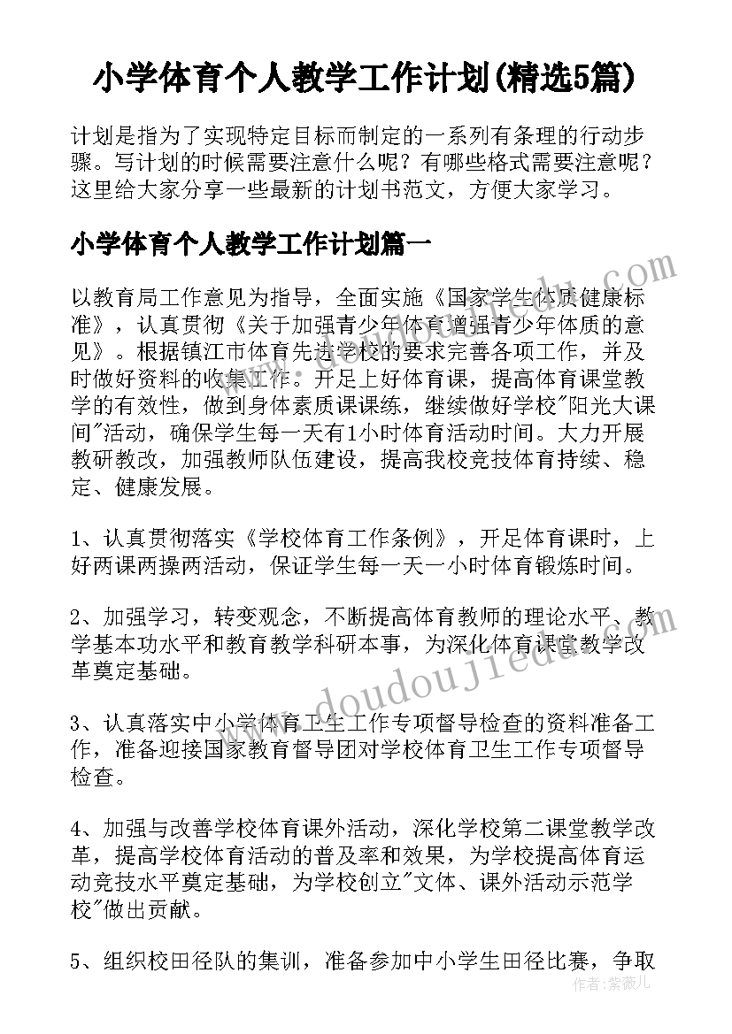 小学体育个人教学工作计划(精选5篇)