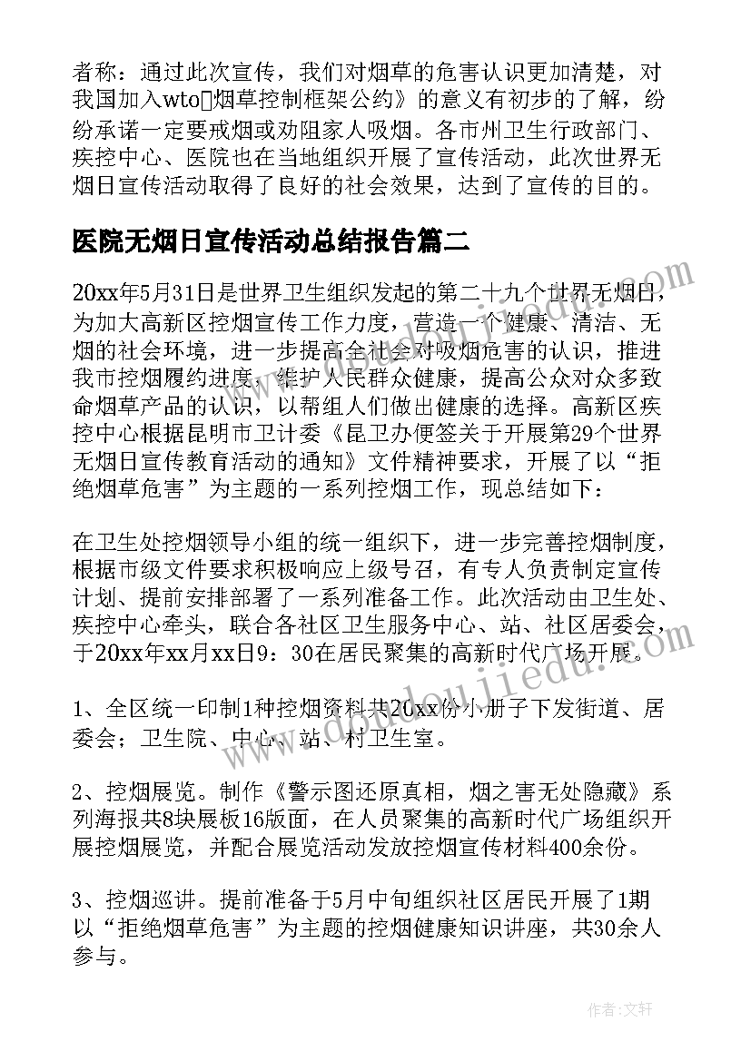 医院无烟日宣传活动总结报告 无烟日宣传活动总结(通用5篇)