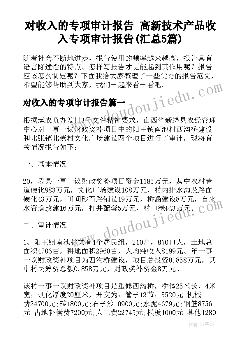 对收入的专项审计报告 高新技术产品收入专项审计报告(汇总5篇)