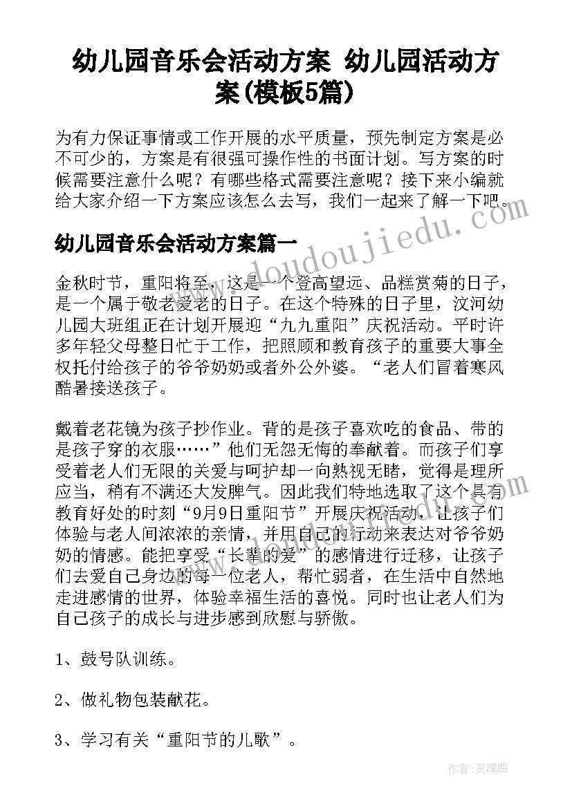 幼儿园音乐会活动方案 幼儿园活动方案(模板5篇)