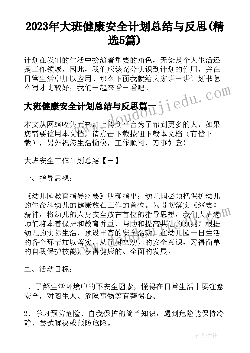 2023年大班健康安全计划总结与反思(精选5篇)