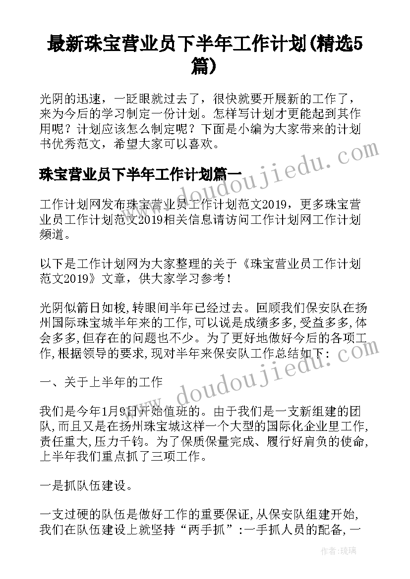 最新珠宝营业员下半年工作计划(精选5篇)