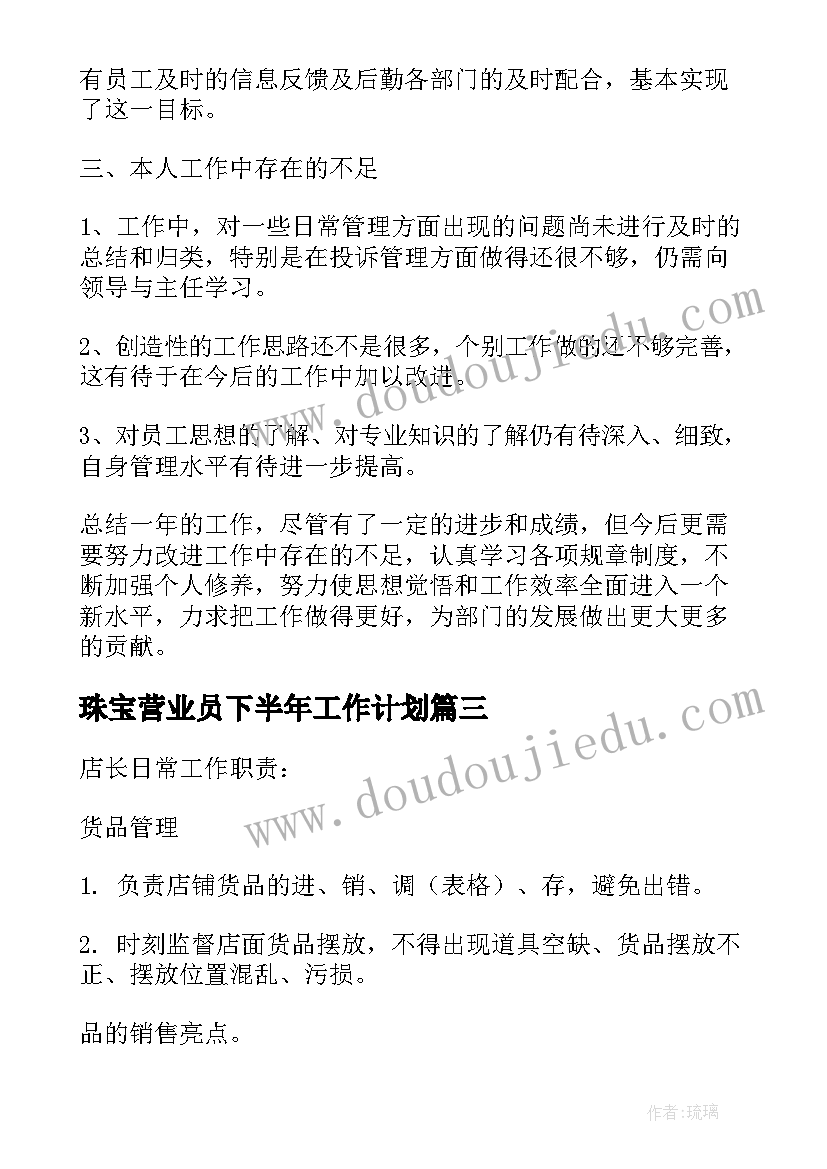 最新珠宝营业员下半年工作计划(精选5篇)