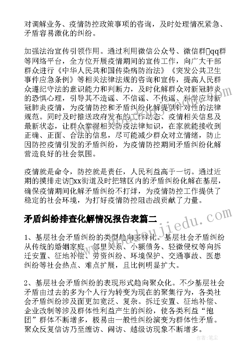 矛盾纠纷排查化解情况报告表 涉疫情矛盾纠纷排查化解工作情况汇报(精选5篇)