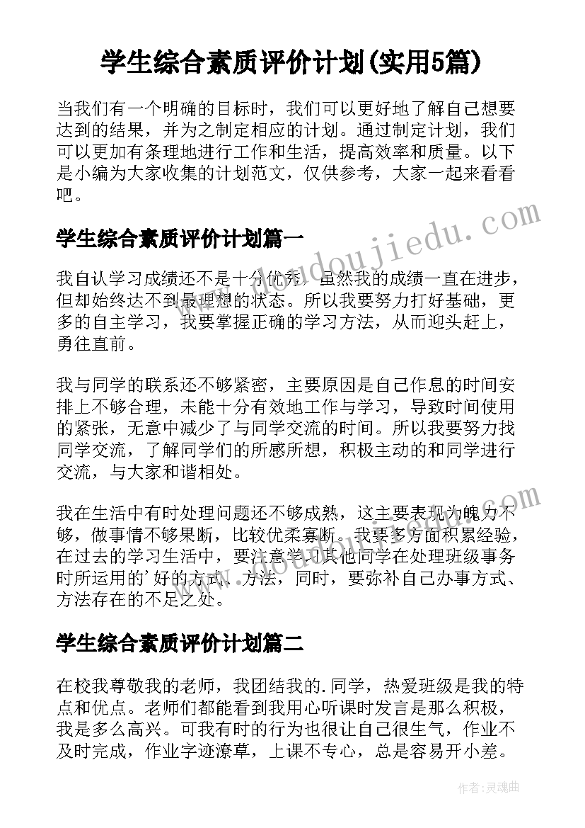 学生综合素质评价计划(实用5篇)