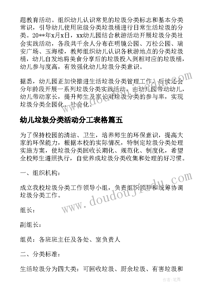 最新幼儿垃圾分类活动分工表格 幼儿园垃圾分类活动总结(大全6篇)