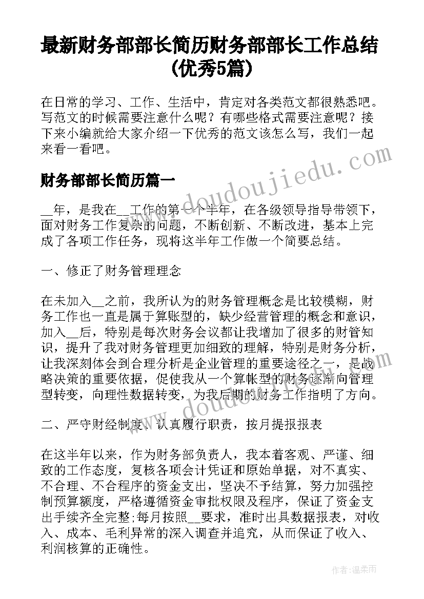 最新财务部部长简历 财务部部长工作总结(优秀5篇)