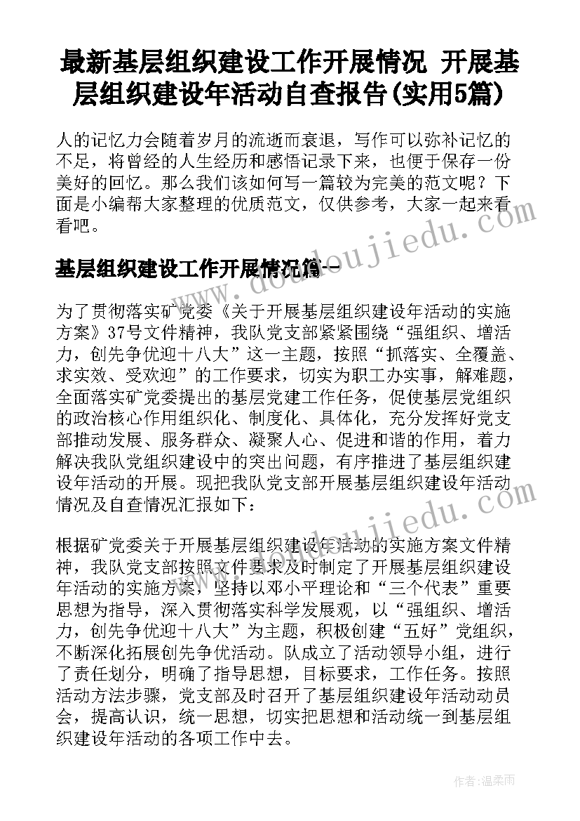 最新基层组织建设工作开展情况 开展基层组织建设年活动自查报告(实用5篇)