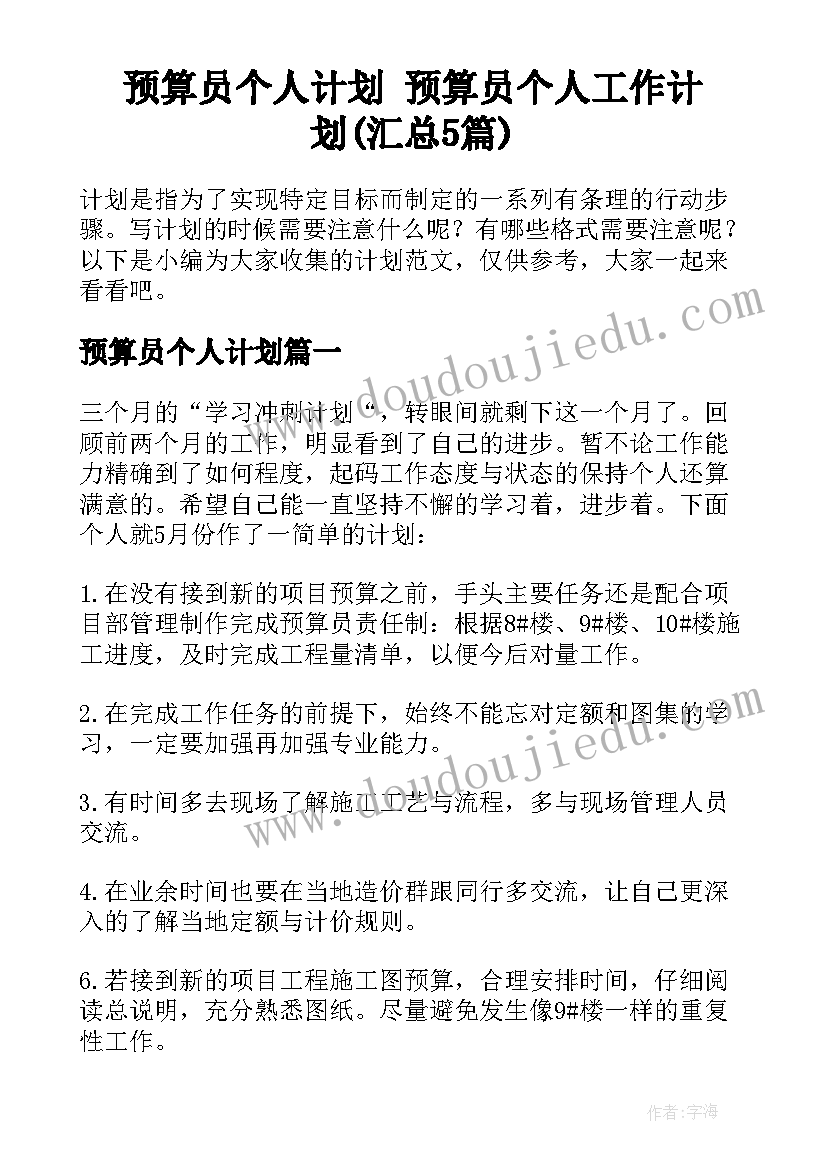 预算员个人计划 预算员个人工作计划(汇总5篇)