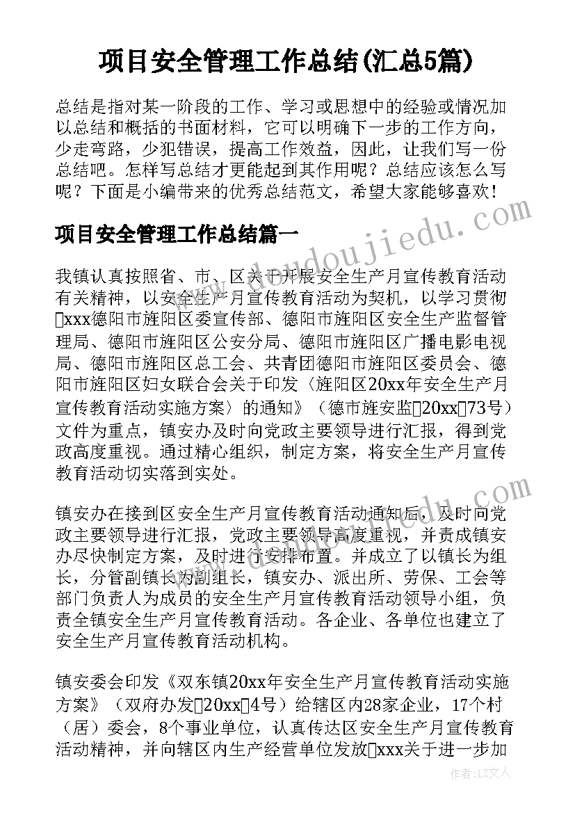 项目安全管理工作总结(汇总5篇)