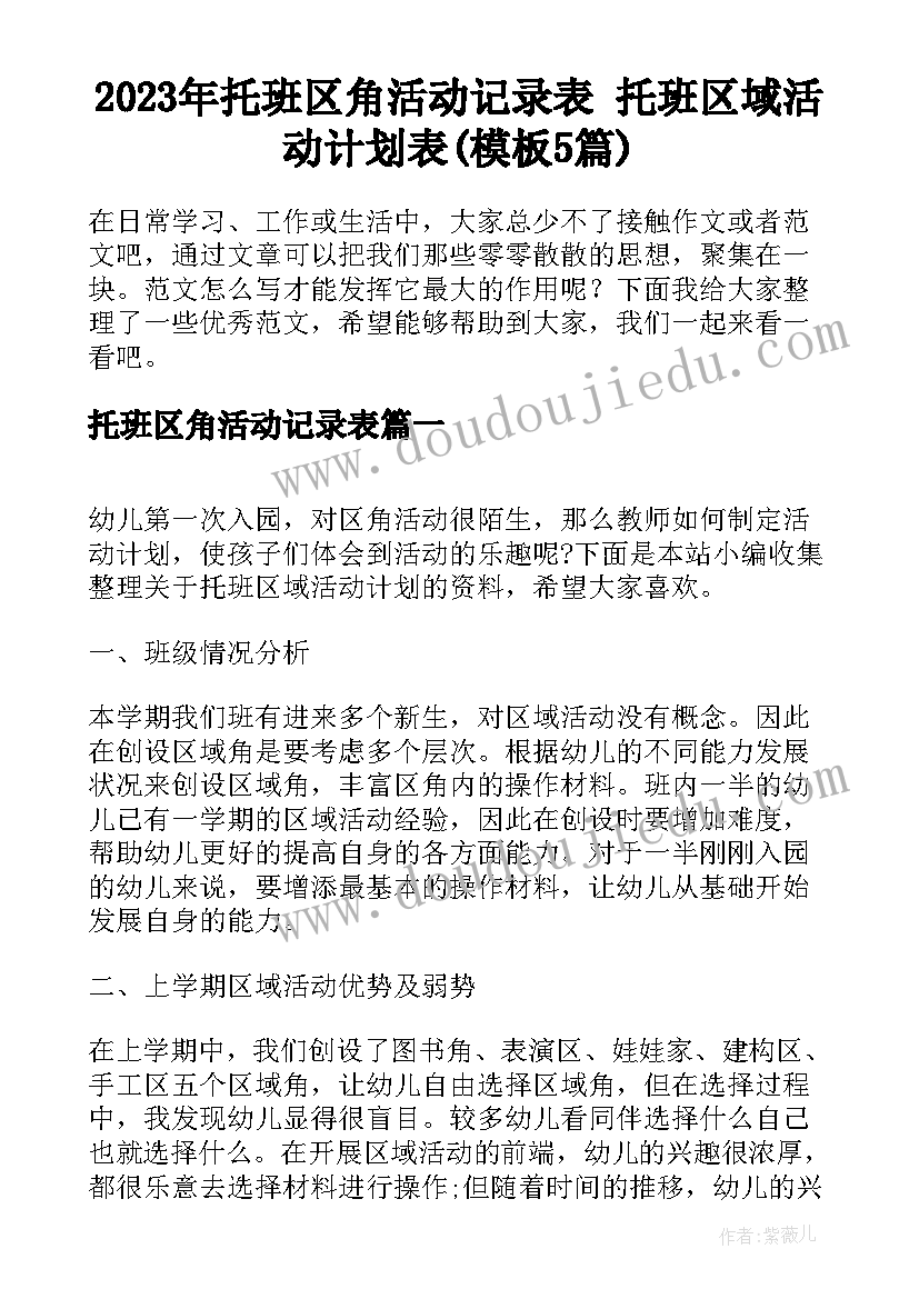 2023年托班区角活动记录表 托班区域活动计划表(模板5篇)