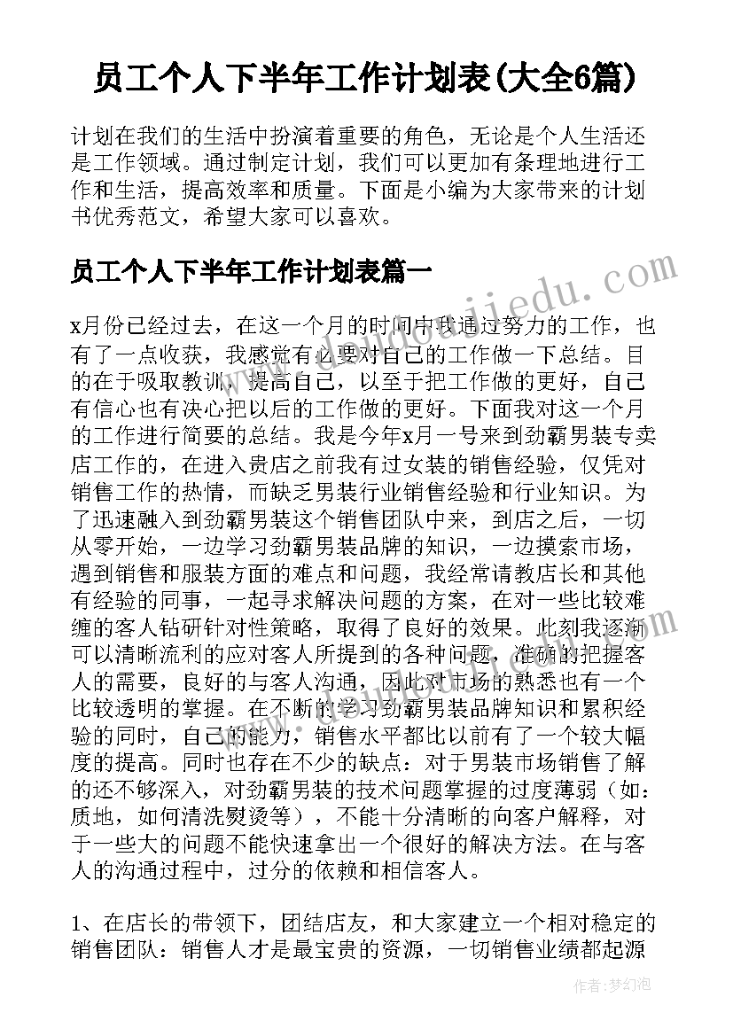 员工个人下半年工作计划表(大全6篇)