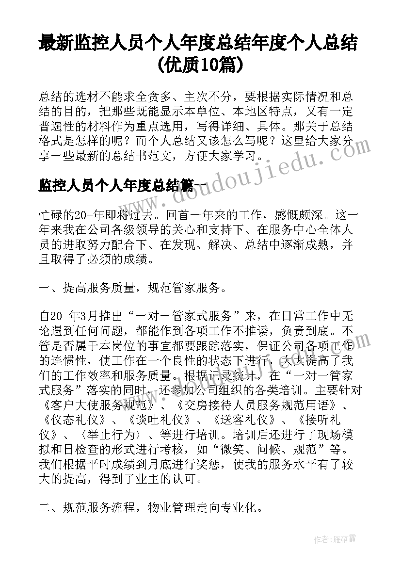 最新监控人员个人年度总结 年度个人总结(优质10篇)