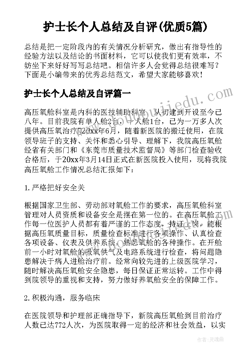 护士长个人总结及自评(优质5篇)