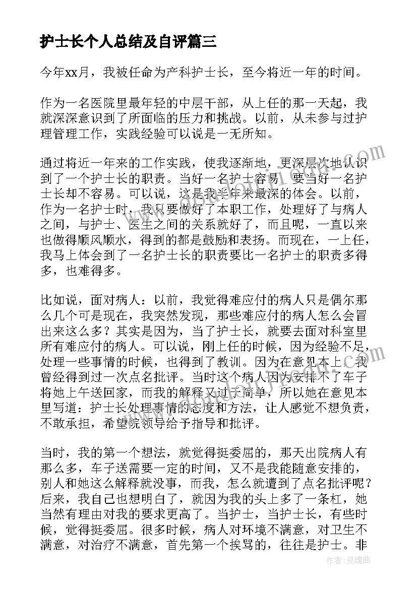 护士长个人总结及自评(优质5篇)