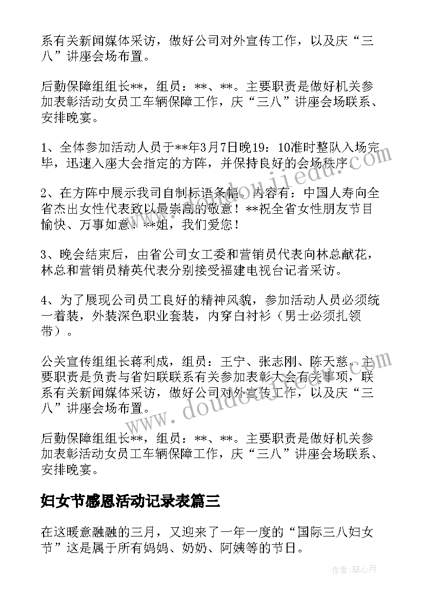 最新妇女节感恩活动记录表(优质6篇)