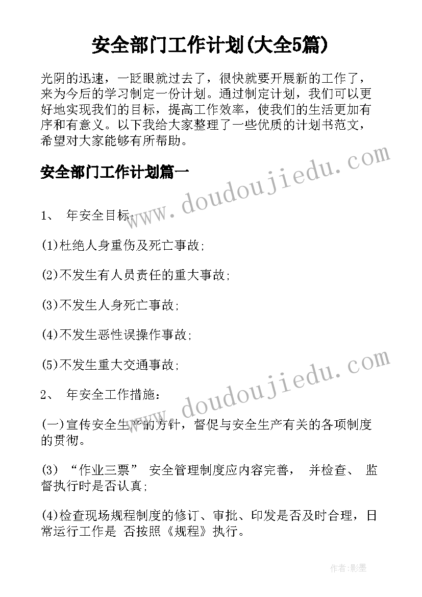 安全部门工作计划(大全5篇)