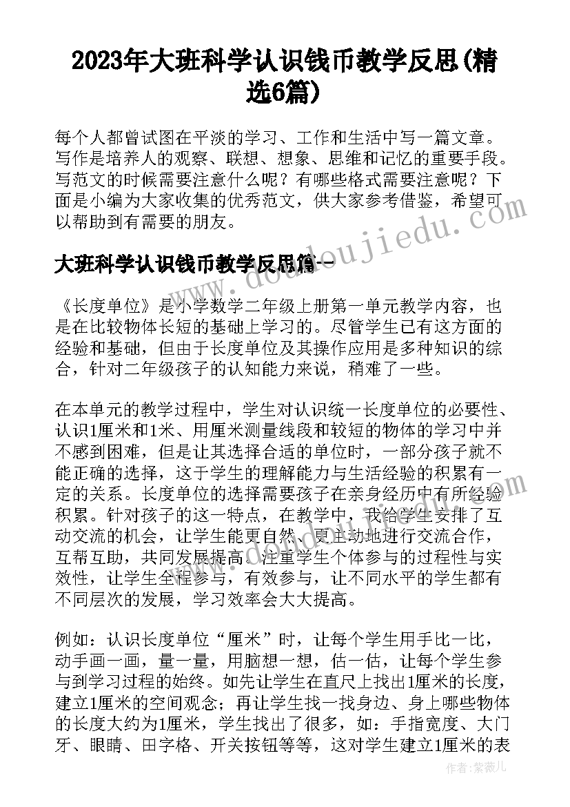 2023年大班科学认识钱币教学反思(精选6篇)