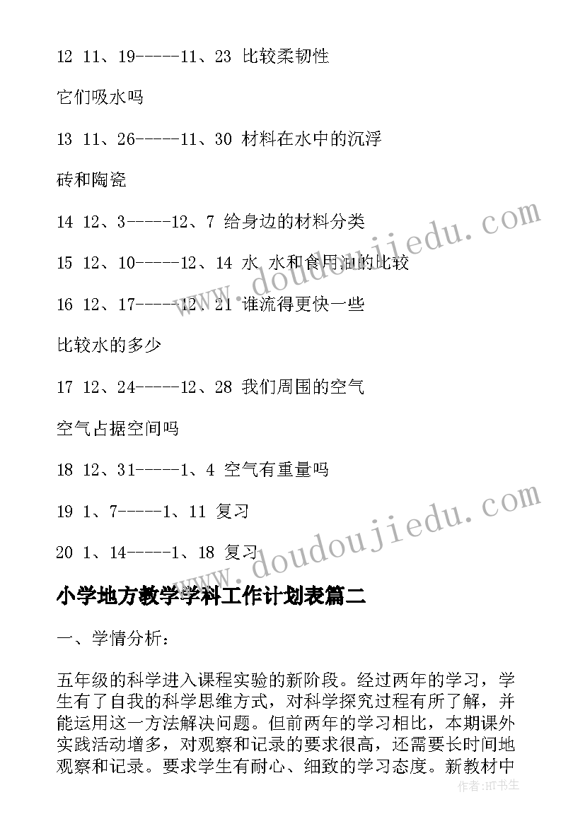 小学地方教学学科工作计划表(通用10篇)